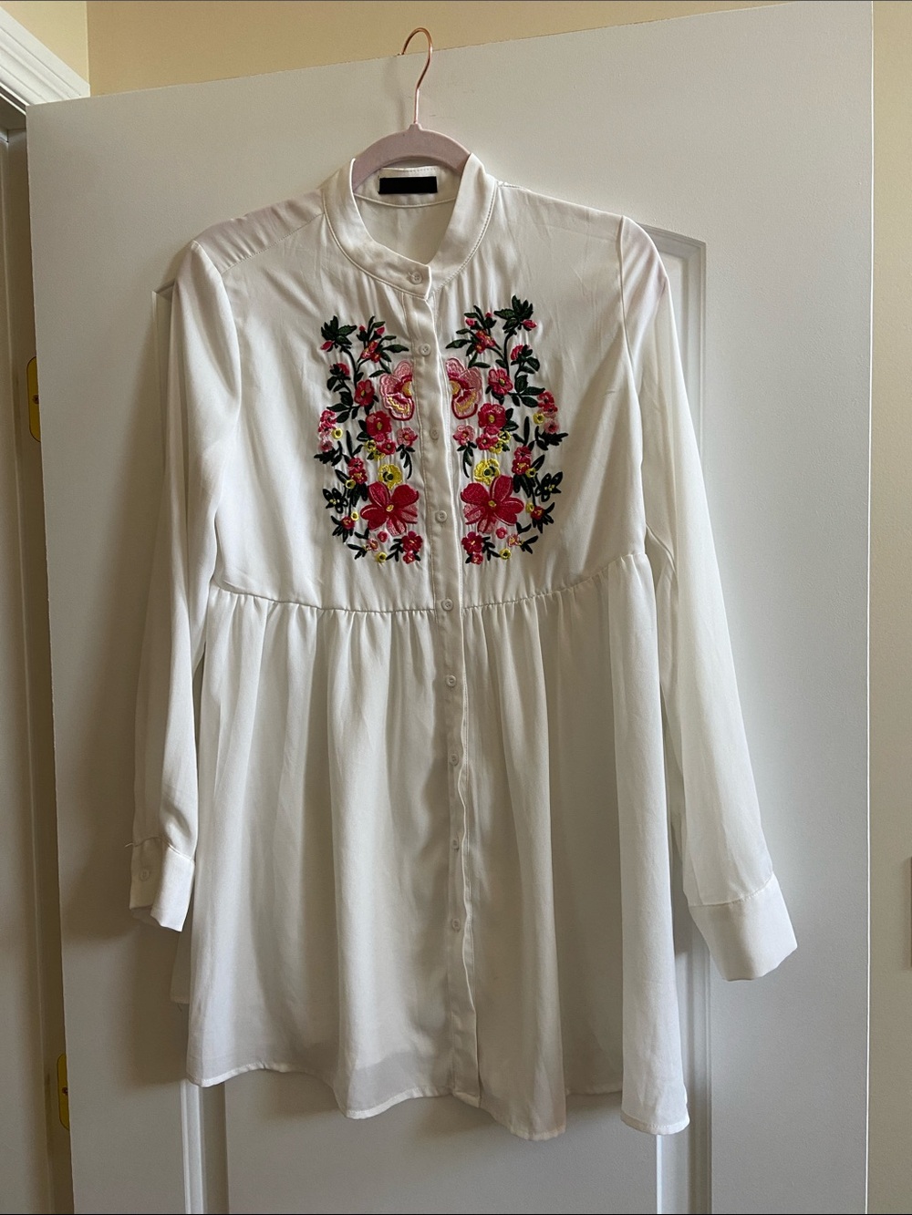 Embroidered White Button-Front Peplum Tunic